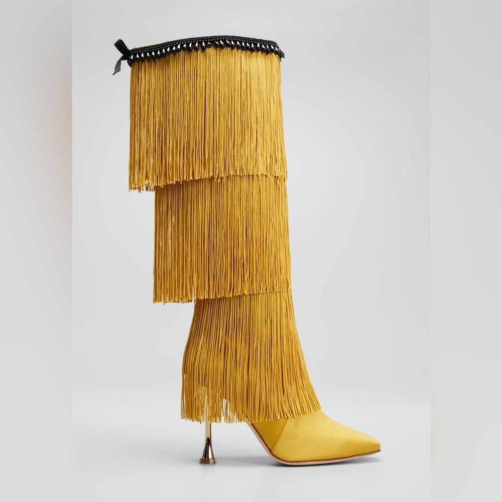 MANOLO BLAHNIK FLEQUILLOHI Yellow Satin Fringe Detail Knee High Boots 105mm